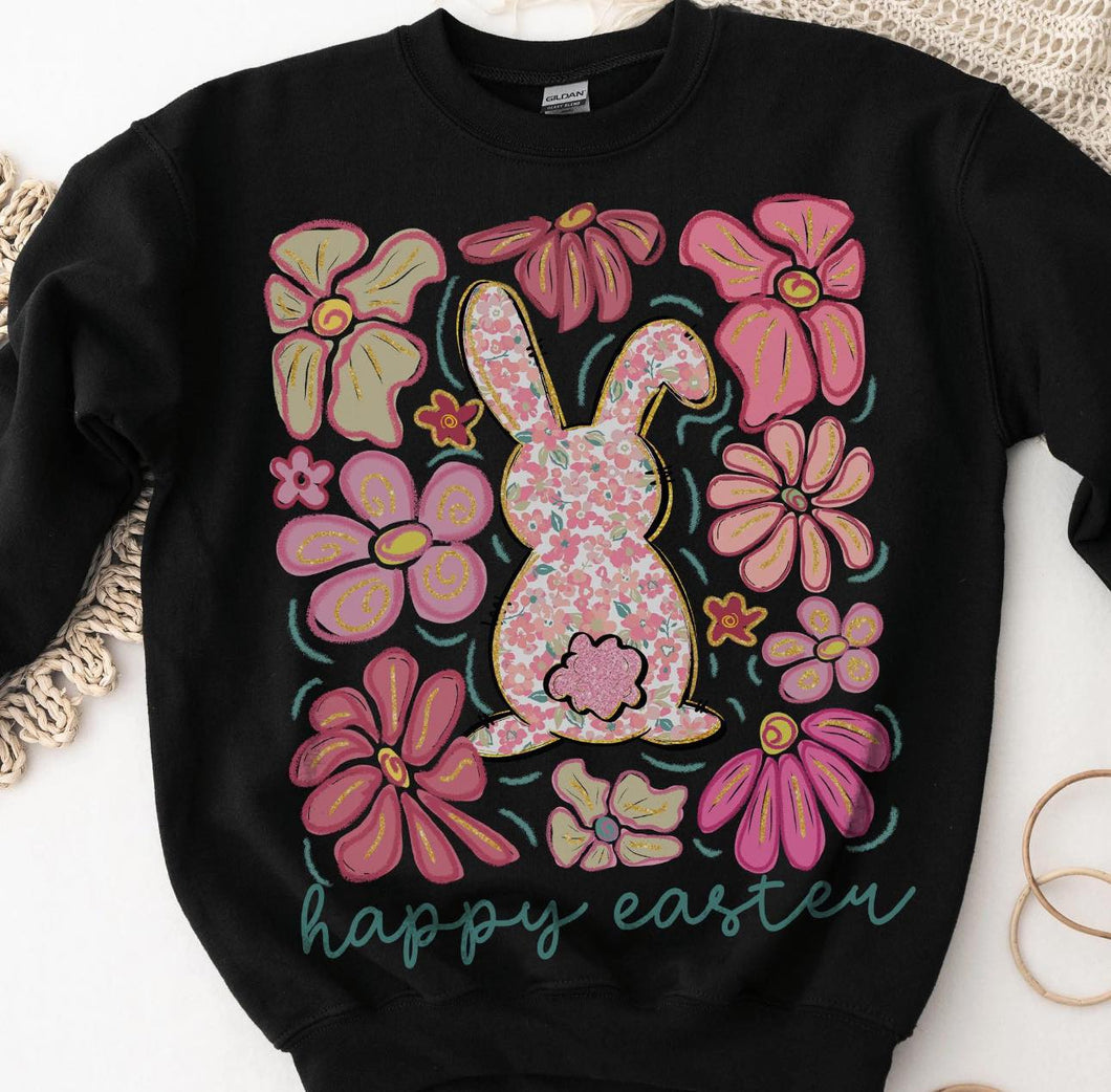 Boho Floral Bunny Easter Sweatshirt - Black