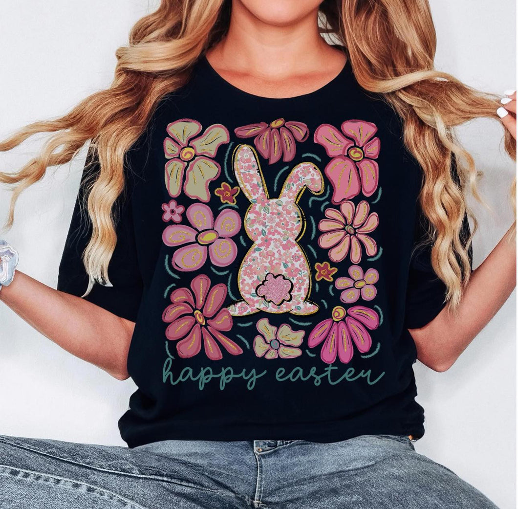 Boho Floral Bunny Easter T-Shirt - Black