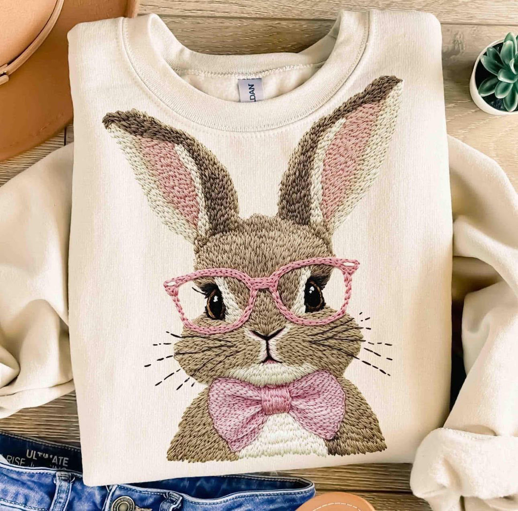 Faux Embroidered Bunny Crewneck Sweatshirt - Sand