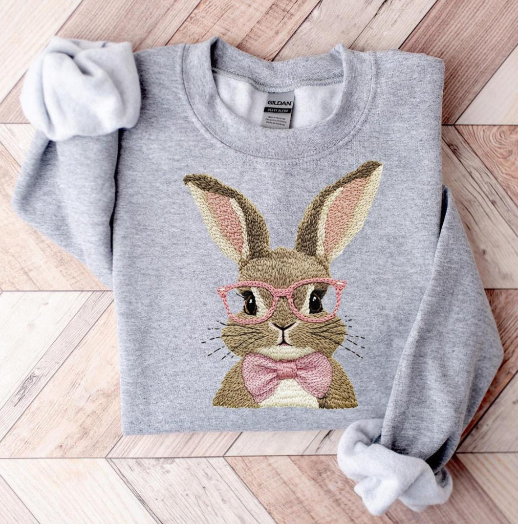 Faux Embroidered Bunny Crewneck Sweatshirt - Sport Gray