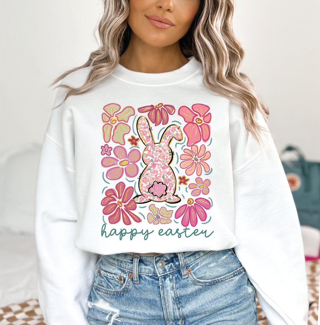 Boho Floral Bunny Easter Sweatshirt - White