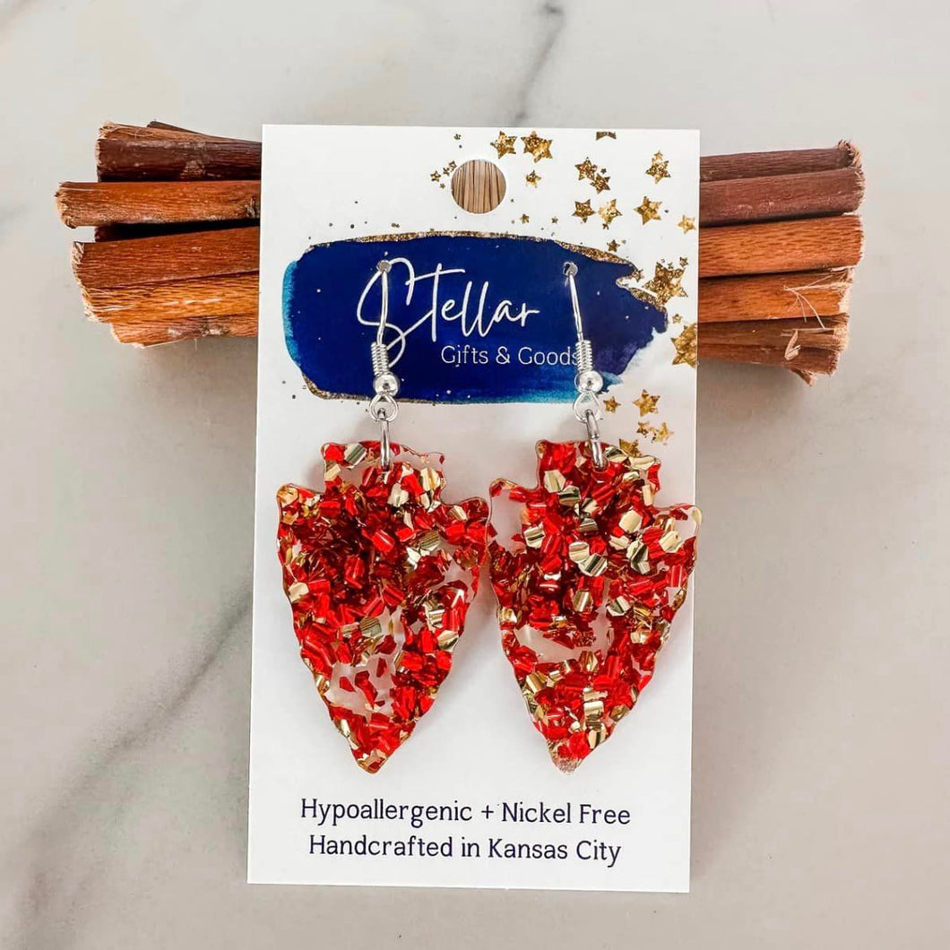 Large Chunky Red & Gold Glitter Arrowhead Earrings