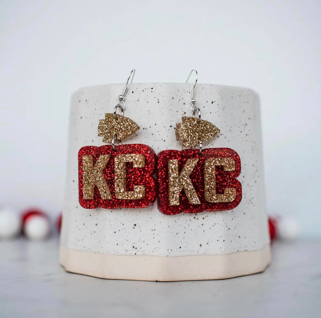 Red & Gold Glitter KC Arrowhead Double Layered Drop Earrings