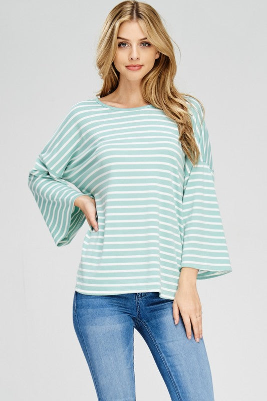 Mint Stripe 3/4 Wide Sleeve Top