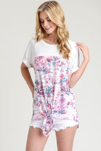 Coral Striped Floral Contrast Front Tie Top