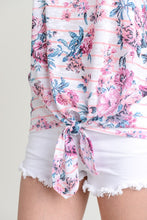 Coral Striped Floral Contrast Front Tie Top