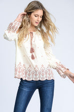 Cream Embroidered Cold Shoulder Tassel Top
