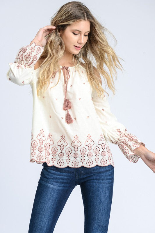 Cream Embroidered Cold Shoulder Tassel Top
