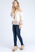 Cream Embroidered Cold Shoulder Tassel Top