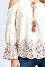 Cream Embroidered Cold Shoulder Tassel Top