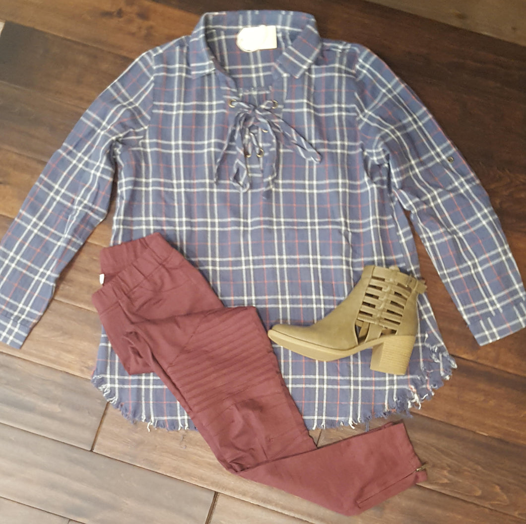 Grey Blue Distressed Hem Tunic Flannel with Lace up Chest