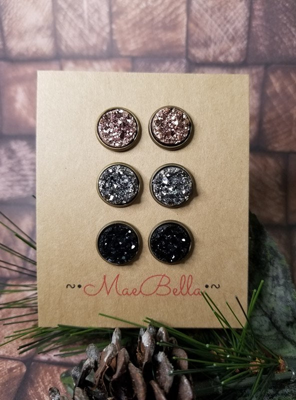 Rose Gold Druzy Earring Triple Pack