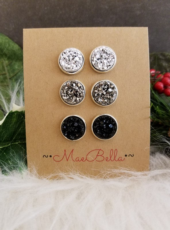 Druzy Earring Triple Pack White Diamond
