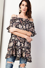 Floral Cold Shoulder Tunic with Ruffle Sleeve