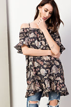 Floral Cold Shoulder Tunic with Ruffle Sleeve