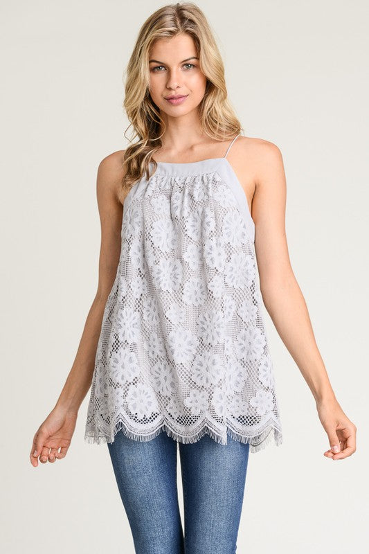 Grey High Neck Lace Detail Tank Top