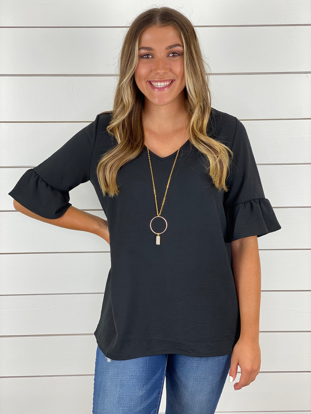 Simply Chic Ruffle Sleeve Blouse - Black