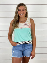 Mint Floral Stripe Color Block Tank
