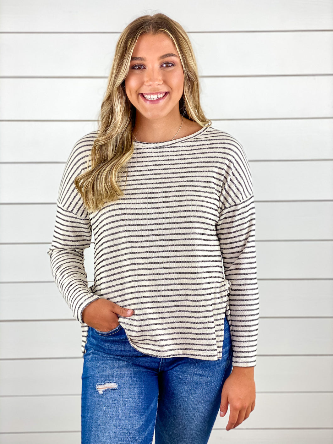 Striped Dolman Sleeve Side Tie Top