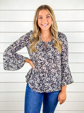 Black and White Floral Bell Sleeve Top with Lace Up Chest