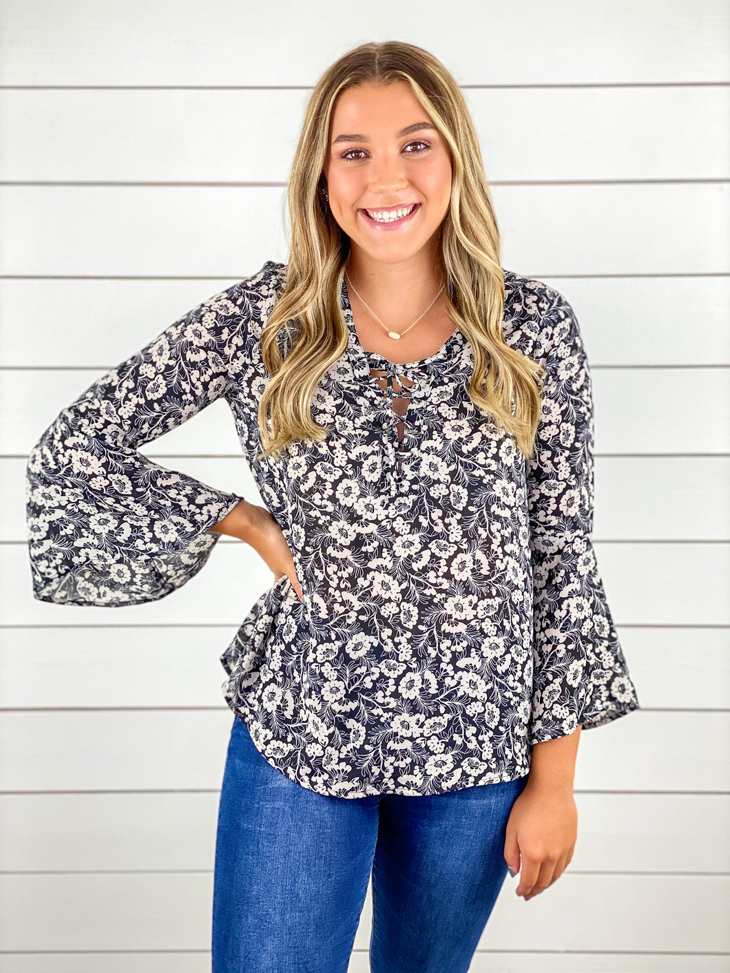 Black and White Floral Bell Sleeve Top with Lace Up Chest