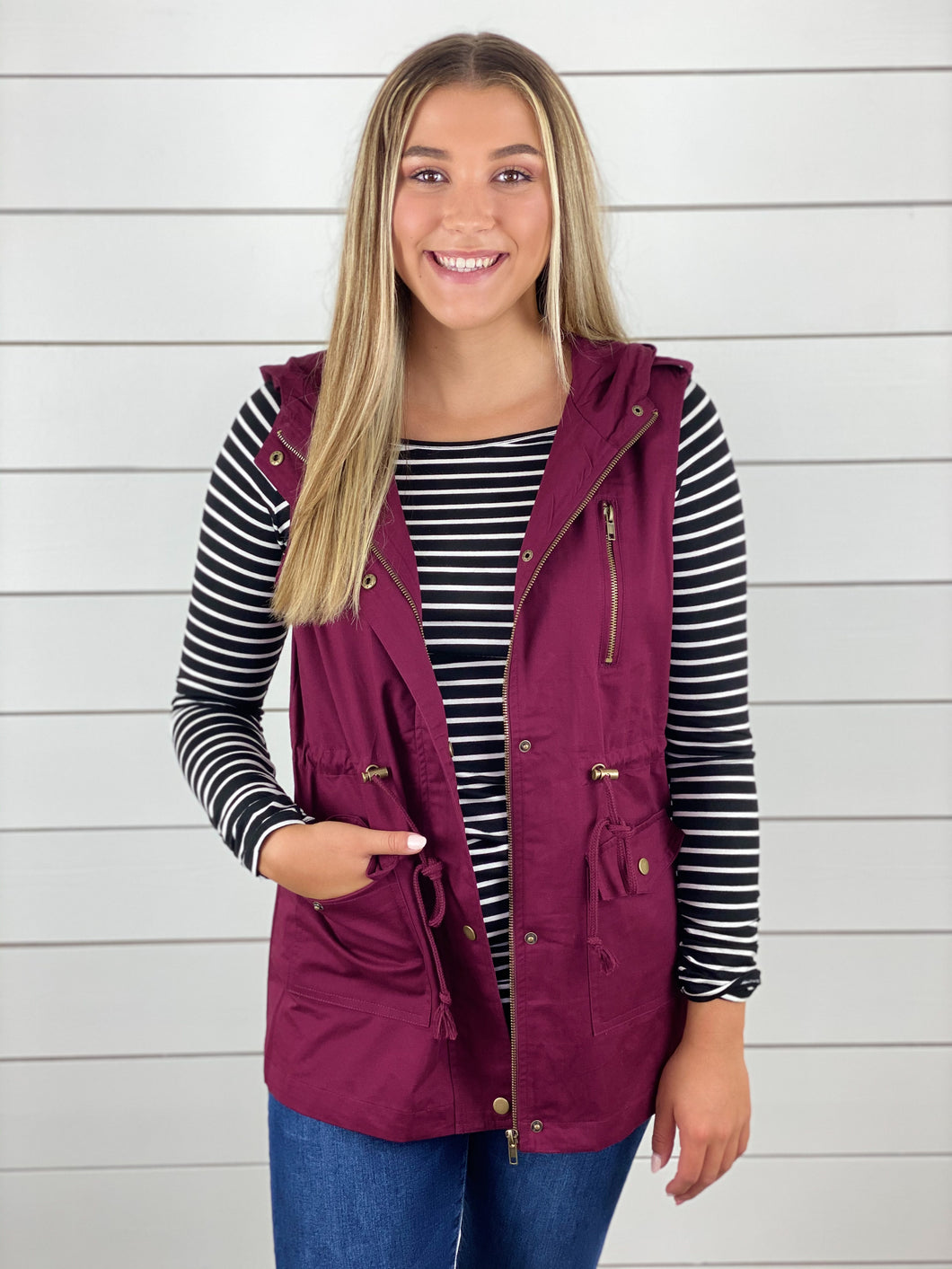 Hooded Utility Vest - Burgundy