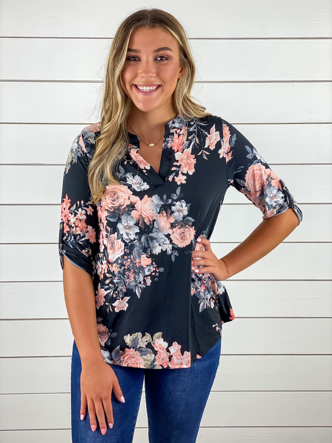 Floral Half Sleeve V-Neck Top