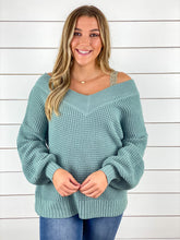 Double-V Waffle Knit Sweater - Sage