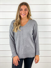 Gray V Neck Tunic Length Sweater
