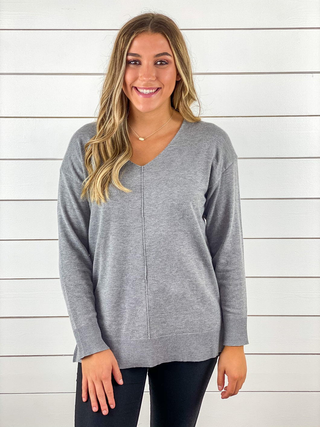 Gray V Neck Tunic Length Sweater