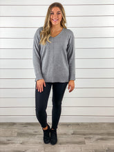 Gray V Neck Tunic Length Sweater