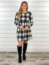 Long Sleeve Buffalo Plaid Dress with Pockets - Ivory/Black