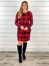 Long Sleeve Buffalo Plaid Dress with Pockets - Red/Black