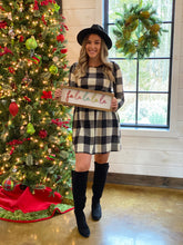 Long Sleeve Buffalo Plaid Dress with Pockets - Ivory/Black