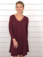 Burgundy Lace V Neck Swing Dress