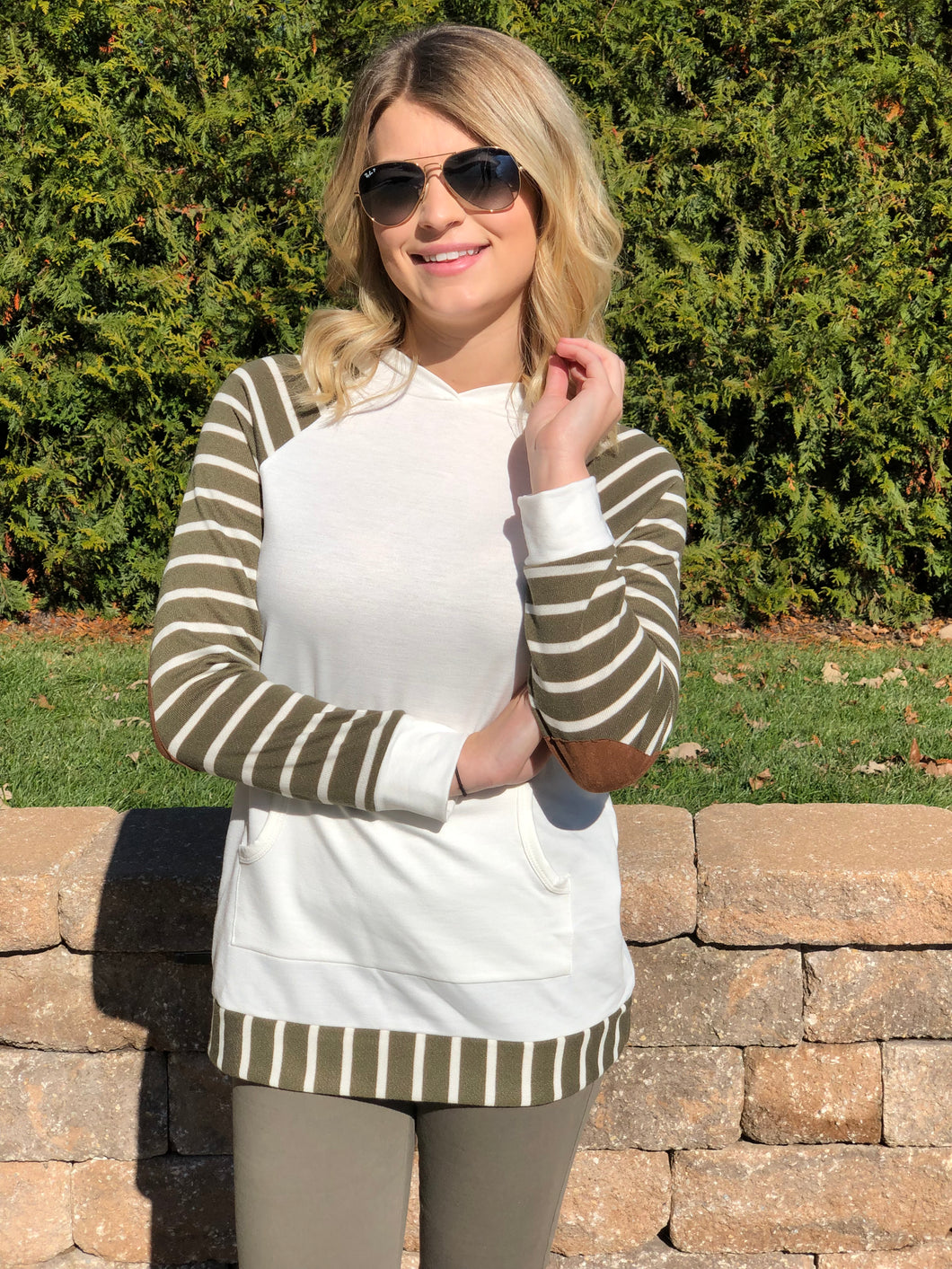 Olive Striped Sleeve Hoodie with Elbow Patch