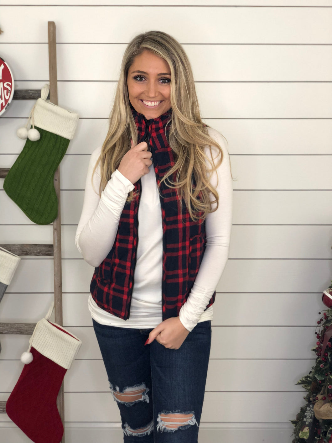 Navy/Red Cotton Mock Neck Flannel Vest