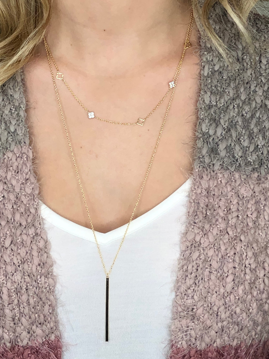 Gold Bar Necklace with Floral Layer