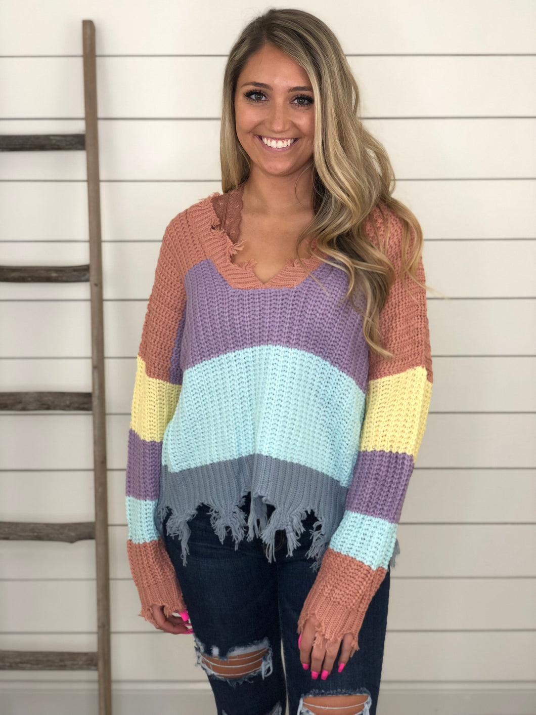 Feelin' Fun Distressed Sweater - Pastel