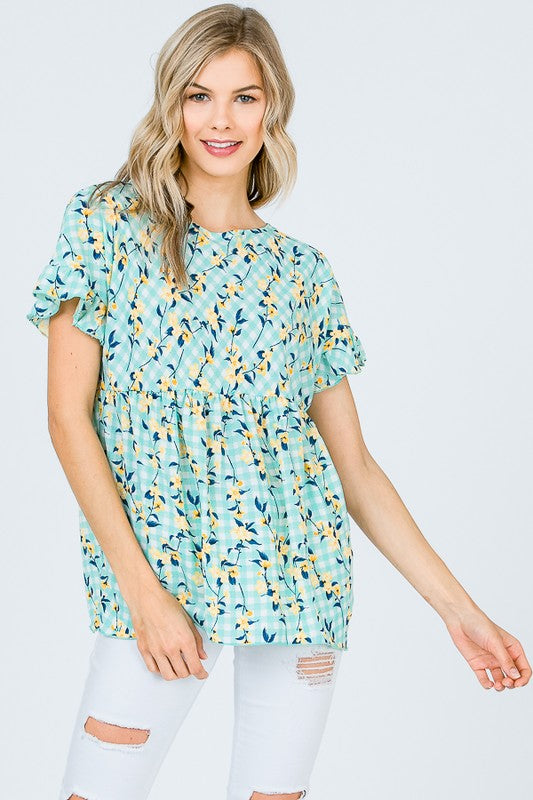 Mint Floral Ruffle Sleeve Blouse with Keyhole Back