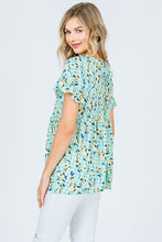 Mint Floral Ruffle Sleeve Blouse with Keyhole Back