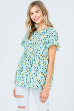 Mint Floral Ruffle Sleeve Blouse with Keyhole Back