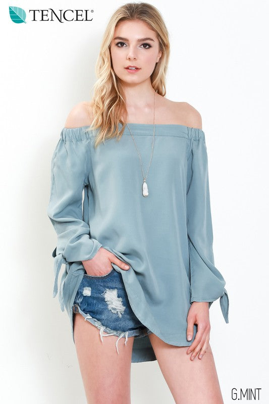 Mint Off the Shoulder Wrist Tied Tencel Top