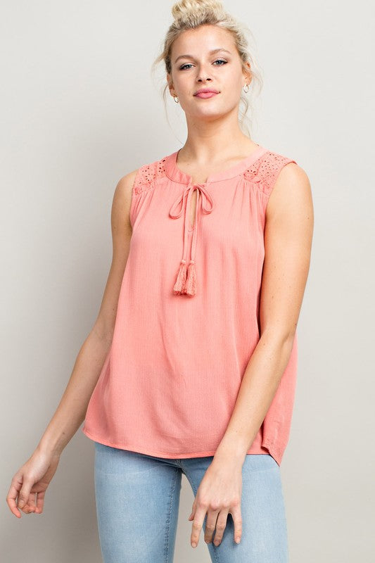 Peach Tassel Neck Tie Crochet Sleeveless Top