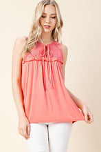 Salmon Lace Contrast Neck Tie Sleeveless Top