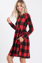 Long Sleeve Buffalo Plaid Dress with Pockets - Red/Black