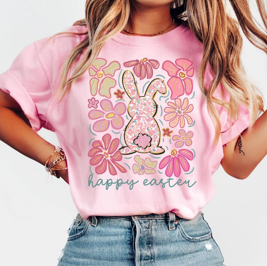 Boho Floral Bunny Easter T-Shirt - Pink Comfort Colors