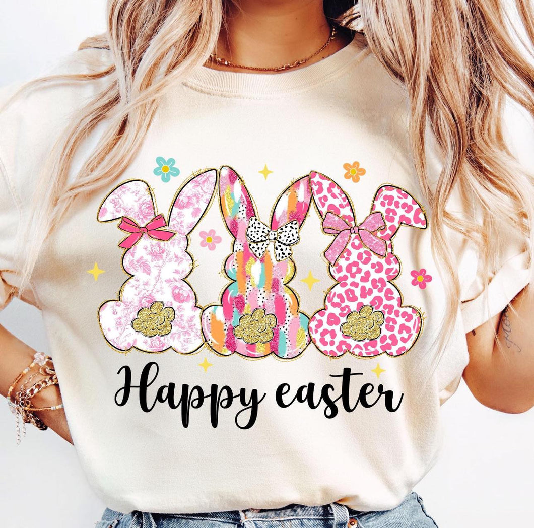 Bunny Trio Happy Easter Tshirt - Ivory Comfort Colors