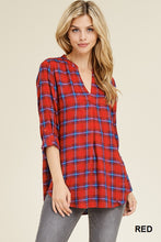 Red Plaid Rolled Sleeve Top