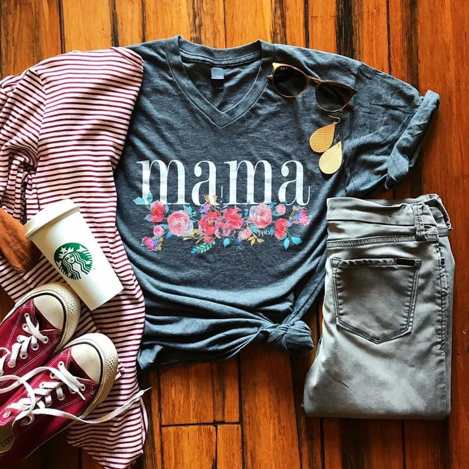 Mama Floral V-Neck Graphic Tee